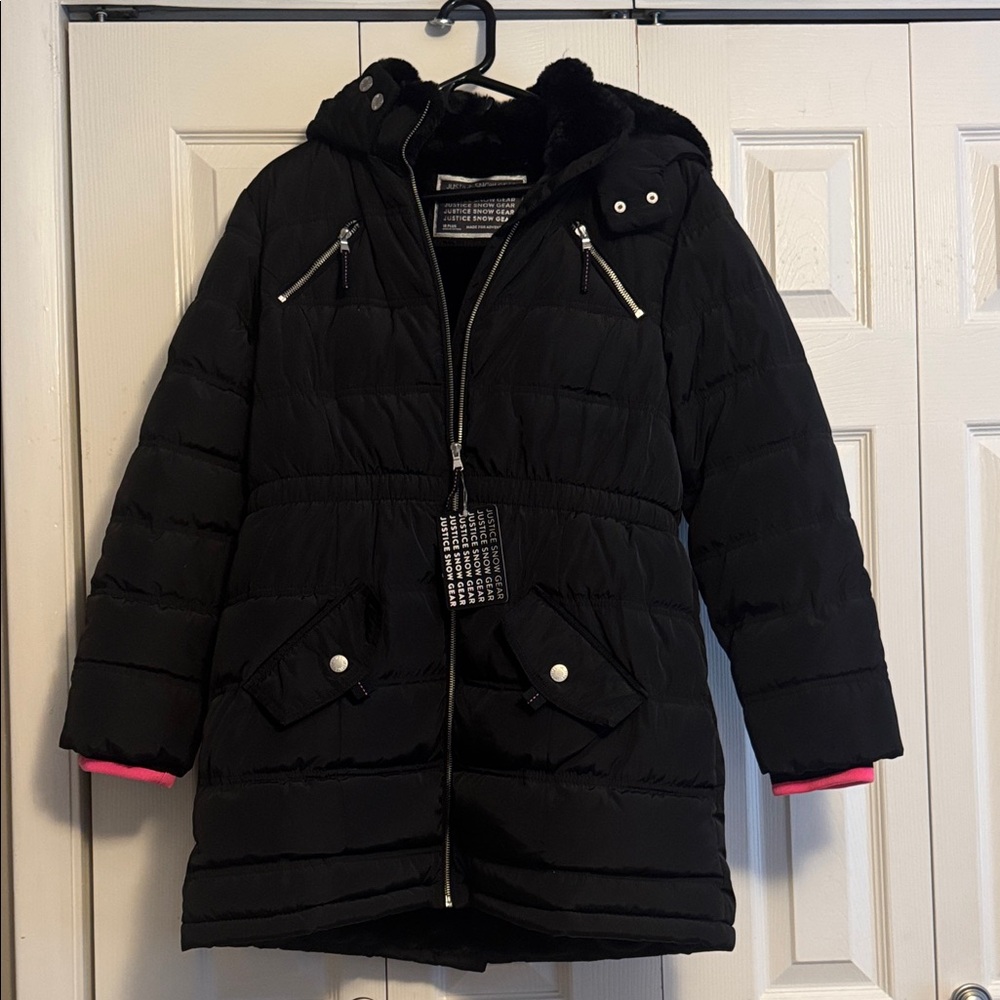 Justice Black Puffer Jacket with Pink Trim